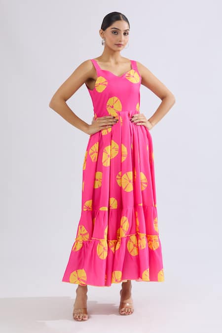 Naintara Bajaj Pink Rayon Sweetheart Neck Abstract Circular Print Tiered Maxi Dress at Aza Fashions Naintara Bajaj_Pink Rayon Sweetheart Neck Abstract Circular Print Tiered Maxi Dress _at_Aza_Fashions