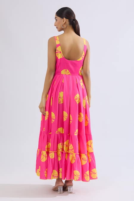Shop Naintara Bajaj Pink Rayon Sweetheart Neck Abstract Circular Print Tiered Maxi Dress at Aza Fashions Shop_Naintara Bajaj_Pink Rayon Sweetheart Neck Abstract Circular Print Tiered Maxi Dress _at_Aza_Fashions