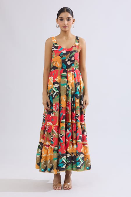 Buy_Naintara Bajaj_Multi Color Rayon Scoop Neck Abstract Floral Tiered Maxi Dress _Online_at_Aza_Fashions