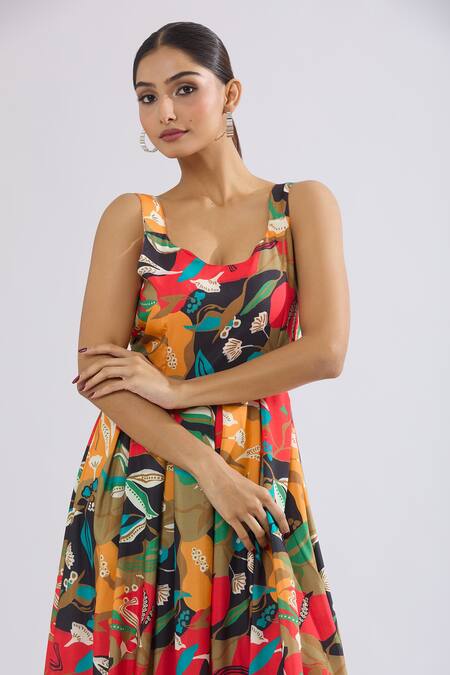 Shop_Naintara Bajaj_Multi Color Rayon Scoop Neck Abstract Floral Tiered Maxi Dress _Online_at_Aza_Fashions