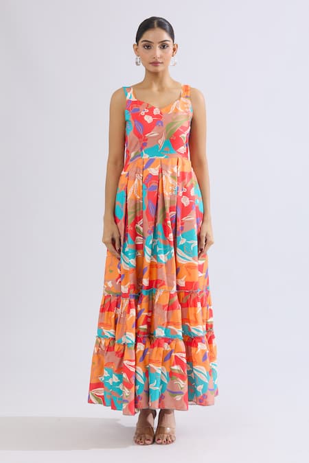 Naintara Bajaj_Multi Color Rayon Sweetheart Neck Abstract Floral Maxi Dress _Online_at_Aza_Fashions