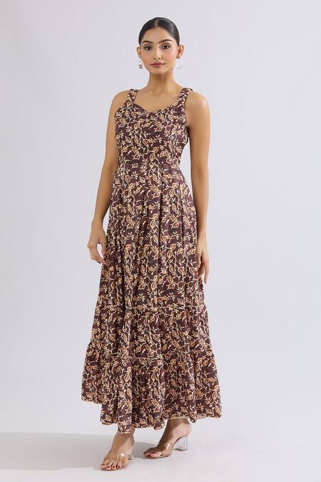 Buy_Naintara Bajaj_Brown Rayon Sweetheart Neck Leaf Vine Print Maxi Dress _Online_at_Aza_Fashions