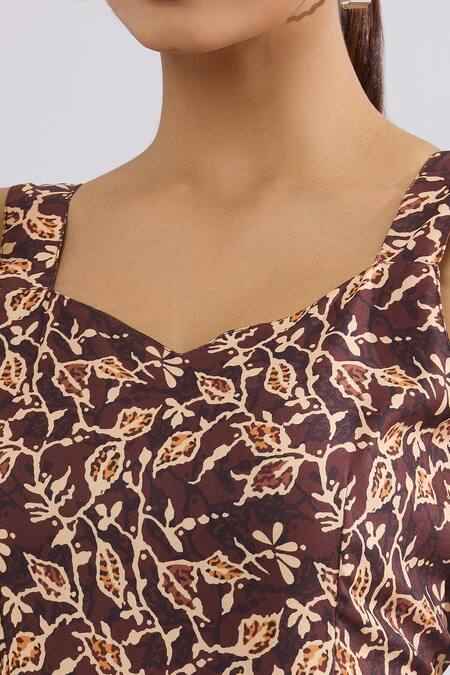 Shop_Naintara Bajaj_Brown Rayon Sweetheart Neck Leaf Vine Print Maxi Dress _Online_at_Aza_Fashions