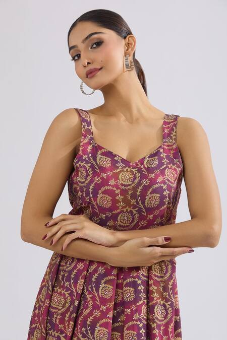 Naintara Bajaj_Purple Rayon Sweetheart Neck Floral Vine Print Maxi Dress _Online_at_Aza_Fashions