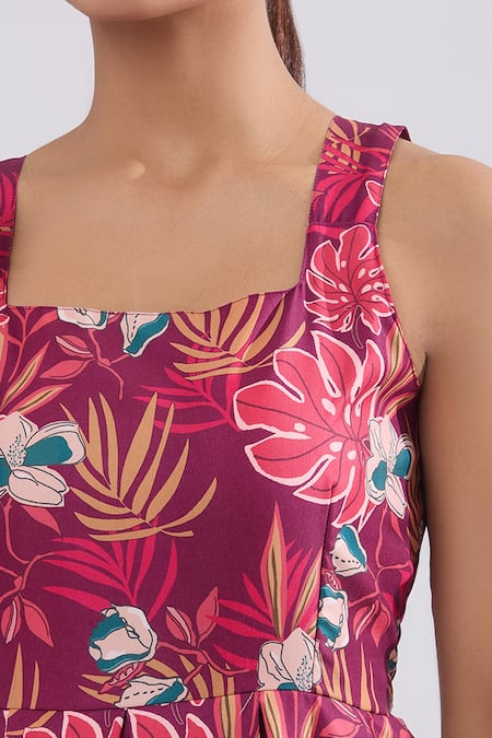 Naintara Bajaj_Wine Rayon Square Neck Floral Print Tiered Maxi Dress _Online_at_Aza_Fashions