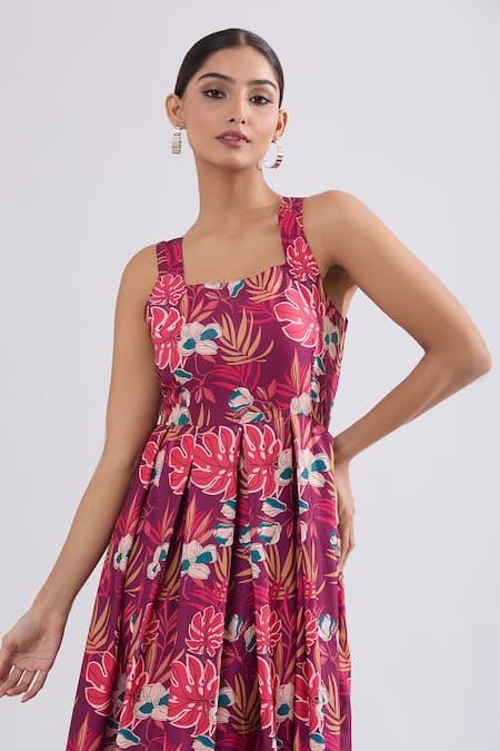 Buy_Naintara Bajaj_Wine Rayon Square Neck Floral Print Tiered Maxi Dress _Online_at_Aza_Fashions