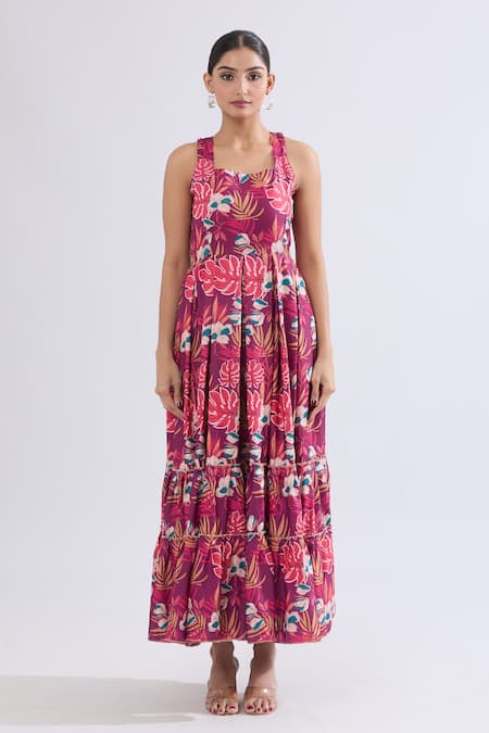 Shop_Naintara Bajaj_Wine Rayon Square Neck Floral Print Tiered Maxi Dress _Online_at_Aza_Fashions