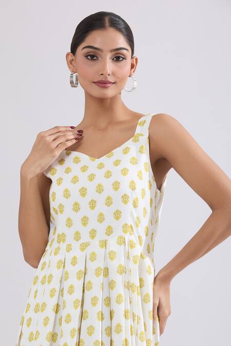 Naintara Bajaj_Gold Rayon Sweetheart Neck Floral Motif Print Maxi Dress _Online_at_Aza_Fashions