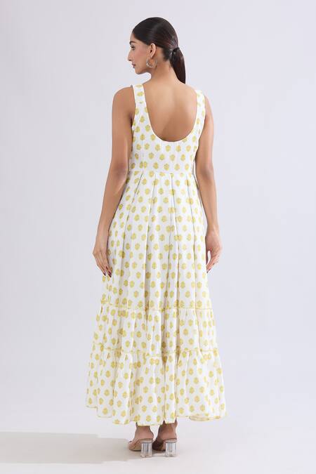 Naintara Bajaj Gold Floral Motif Print Maxi Dress 