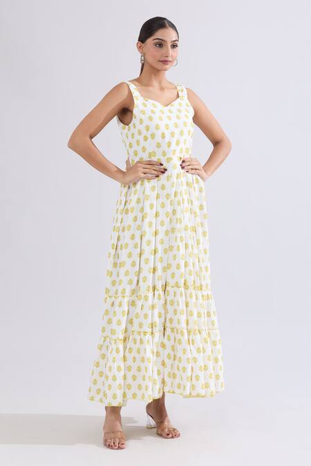 Buy_Naintara Bajaj_Gold Rayon Sweetheart Neck Floral Motif Print Maxi Dress _Online_at_Aza_Fashions