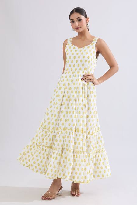 Shop_Naintara Bajaj_Gold Rayon Sweetheart Neck Floral Motif Print Maxi Dress _Online_at_Aza_Fashions