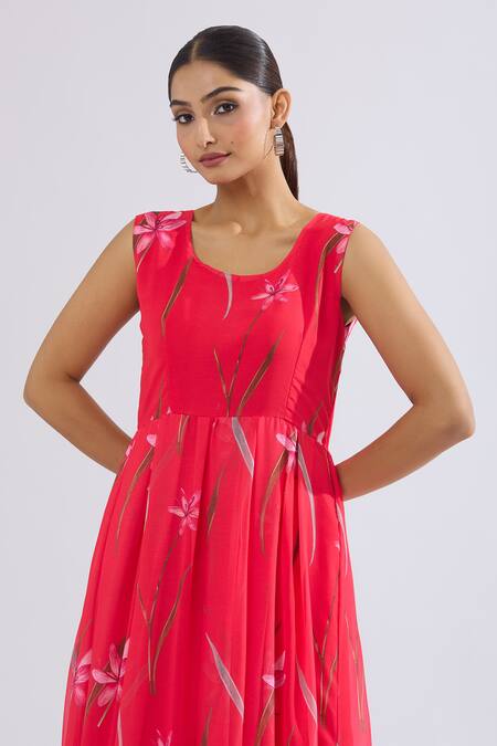 Naintara Bajaj_Red Faux Leather Scoop Neck Floral Print Tiered Maxi Dress _Online_at_Aza_Fashions