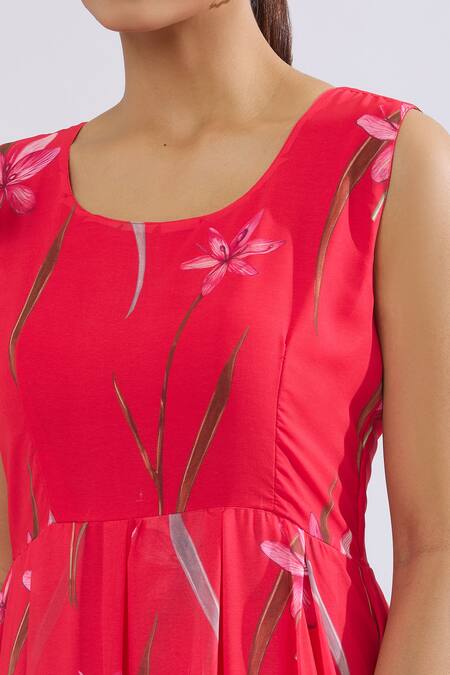 Buy_Naintara Bajaj_Red Faux Leather Scoop Neck Floral Print Tiered Maxi Dress _Online_at_Aza_Fashions