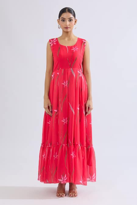 Shop_Naintara Bajaj_Red Faux Leather Scoop Neck Floral Print Tiered Maxi Dress _Online_at_Aza_Fashions