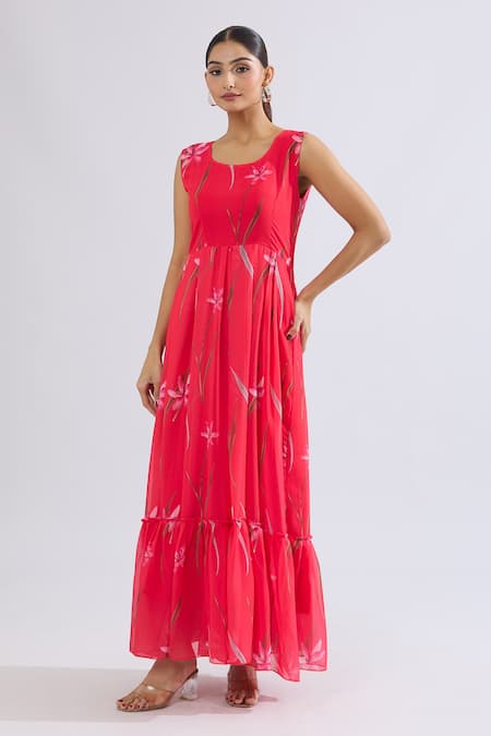 Naintara Bajaj_Red Faux Leather Scoop Neck Floral Print Tiered Maxi Dress _at_Aza_Fashions