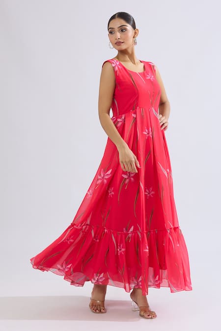 Buy_Naintara Bajaj_Red Faux Leather Scoop Neck Floral Print Tiered Maxi Dress 