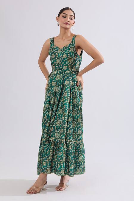 Buy_Naintara Bajaj_Green Rayon Sweetheart Neck Floral Vine Print Maxi Dress _Online_at_Aza_Fashions