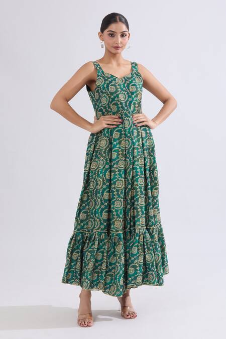 Shop_Naintara Bajaj_Green Rayon Sweetheart Neck Floral Vine Print Maxi Dress _Online_at_Aza_Fashions