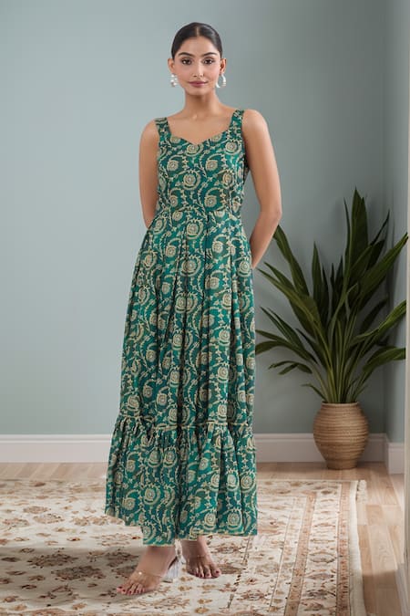 Samyukta Singhania Green Floral Vine Print Maxi Dress 