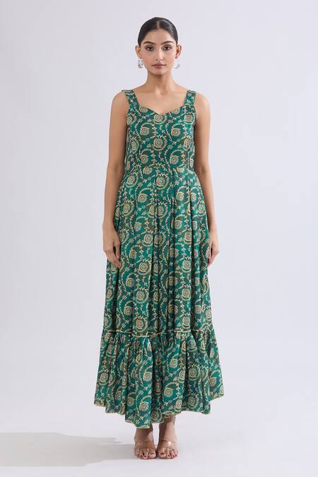 Naintara Bajaj_Green Rayon Sweetheart Neck Floral Vine Print Maxi Dress _at_Aza_Fashions