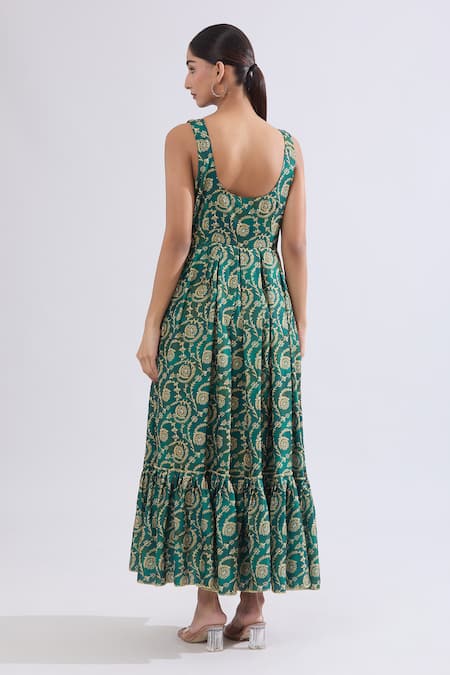 Naintara Bajaj Green Floral Vine Print Maxi Dress 
