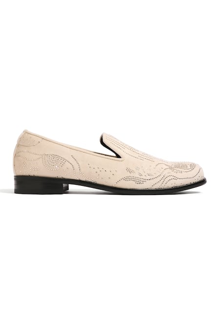 Asuka Beige Crystals Celestial Velvet Hand Embroidered Loafers Online at Aza Fashions Asuka_Beige Crystals Celestial Velvet Hand Embroidered Loafers _Online_at_Aza_Fashions