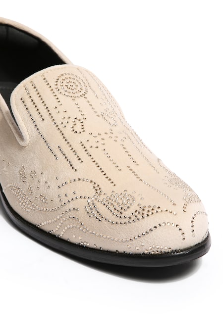Buy Asuka Beige Crystals Celestial Velvet Hand Embroidered Loafers Online at Aza Fashions Buy_Asuka_Beige Crystals Celestial Velvet Hand Embroidered Loafers _Online_at_Aza_Fashions