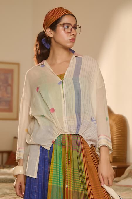 Swatti Kapoor_Ivory Handloom Cotton Beads, Embroidery Collared Jamdani Woven Shirt With Slip _Online_at_Aza_Fashions