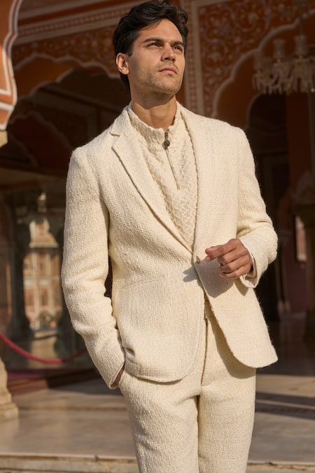 Dash And Dot Ivory Textured Blazer & Trouser Set 