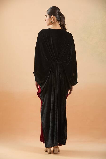 Shop Samyukta Singhania Maroon Velvet Sequins, Cut Work V-neck Kaftan Dress With Embellishments at Aza Fashions Shop_Samyukta Singhania_Maroon Velvet Sequins, Cut Work V-neck Kaftan Dress With Embellishments_at_Aza_Fashions