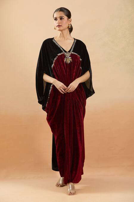 Buy Samyukta Singhania Maroon Velvet Sequins, Cut Work V-neck Kaftan Dress With Embellishments Online at Aza Fashions Buy_Samyukta Singhania_Maroon Velvet Sequins, Cut Work V-neck Kaftan Dress With Embellishments_Online_at_Aza_Fashions