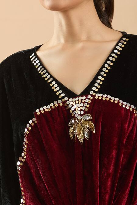 Buy Samyukta Singhania Maroon Velvet Sequins, Cut Work V-neck Kaftan Dress With Embellishments Buy_Samyukta Singhania_Maroon Velvet Sequins, Cut Work V-neck Kaftan Dress With Embellishments