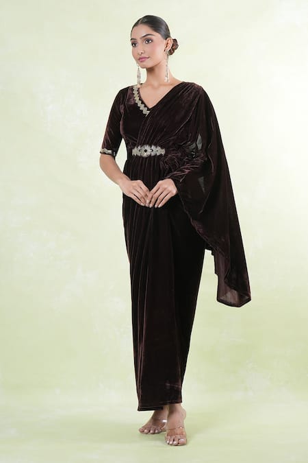 Samyukta Singhania_Gold Velvet Beads V-neck Embellished Saree Gown _Online_at_Aza_Fashions