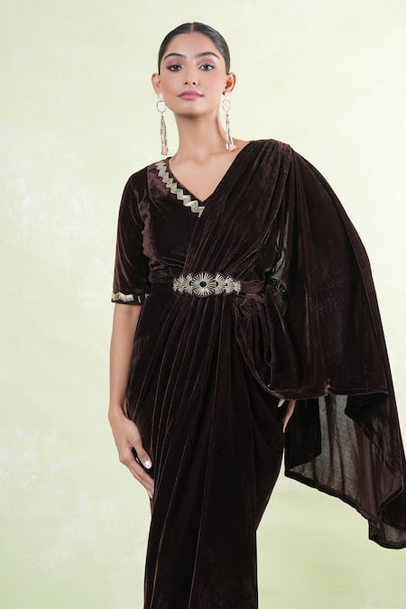 Buy_Samyukta Singhania_Gold Velvet Beads V-neck Embellished Saree Gown _Online_at_Aza_Fashions