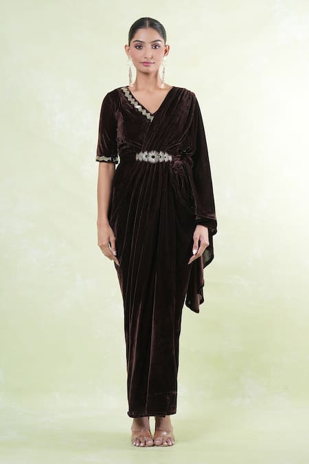 Shop_Samyukta Singhania_Gold Velvet Beads V-neck Embellished Saree Gown _Online_at_Aza_Fashions