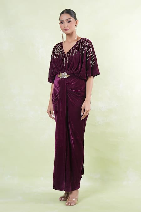 Naintara Bajaj_Wine Velvet Cut Work, Beads V-neck Cutdana Embellished Maxi Dress With Belt _Online_at_Aza_Fashions