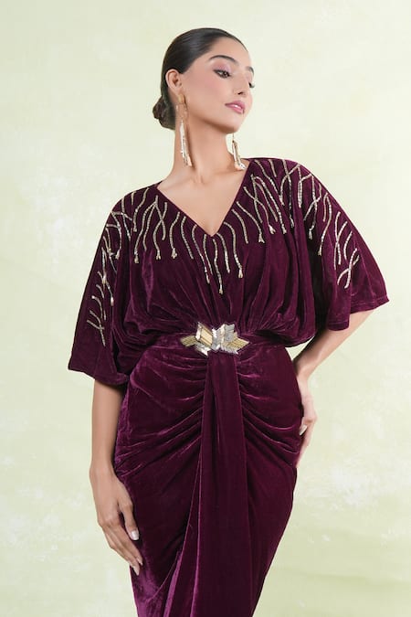 Buy_Naintara Bajaj_Wine Velvet Cut Work, Beads V-neck Cutdana Embellished Maxi Dress With Belt _Online_at_Aza_Fashions