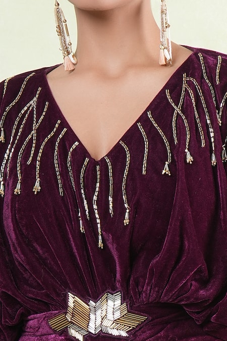 Shop_Naintara Bajaj_Wine Velvet Cut Work, Beads V-neck Cutdana Embellished Maxi Dress With Belt _Online_at_Aza_Fashions
