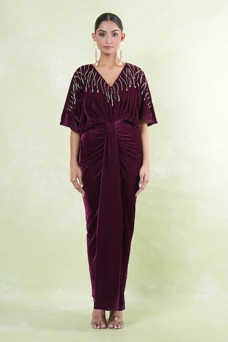 Naintara Bajaj_Wine Velvet Cut Work, Beads V-neck Cutdana Embellished Maxi Dress With Belt _at_Aza_Fashions