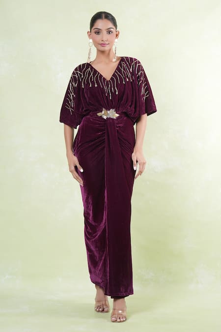 Buy_Naintara Bajaj_Wine Velvet Cut Work, Beads V-neck Cutdana Embellished Maxi Dress With Belt 