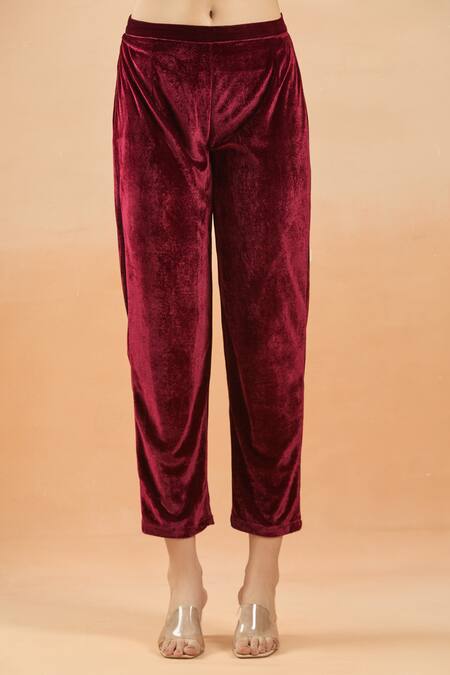Buy_Samyukta Singhania_Maroon Velvet Cut Work Round Neck Hand Embellished Kaftan And Pant Set_Online_at_Aza_Fashions