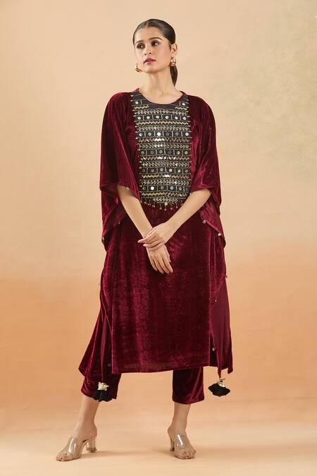 Shop_Samyukta Singhania_Maroon Velvet Cut Work Round Neck Hand Embellished Kaftan And Pant Set_Online_at_Aza_Fashions