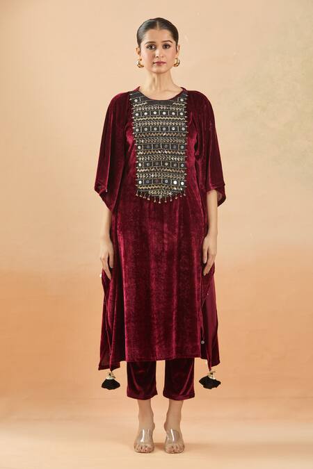 Shop_Samyukta Singhania_Maroon Velvet Cut Work Round Neck Hand Embellished Kaftan And Pant Set