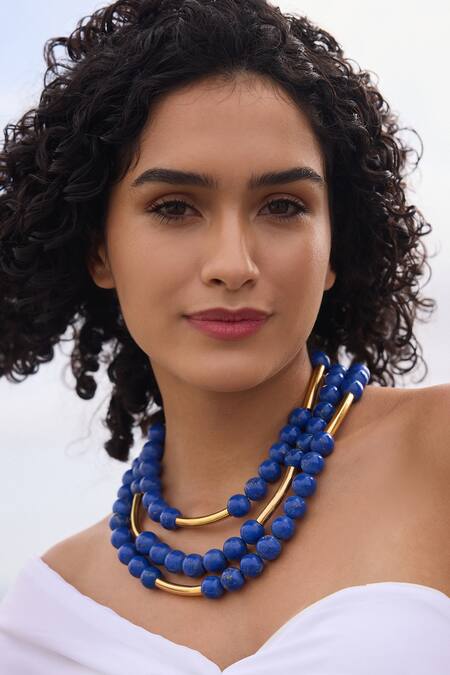 Mnsh Blue Bead Layered Necklace at Aza Fashions Mnsh_Blue Bead Layered Necklace _at_Aza_Fashions