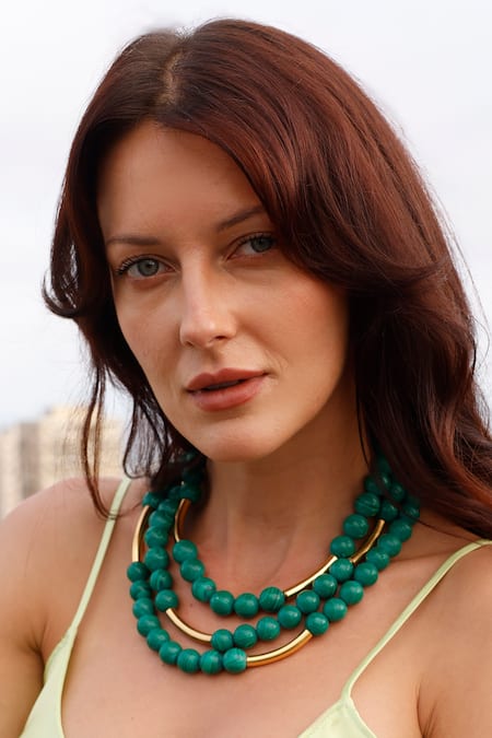 Mnsh Gold Plated And Green Bead Layered Necklace 