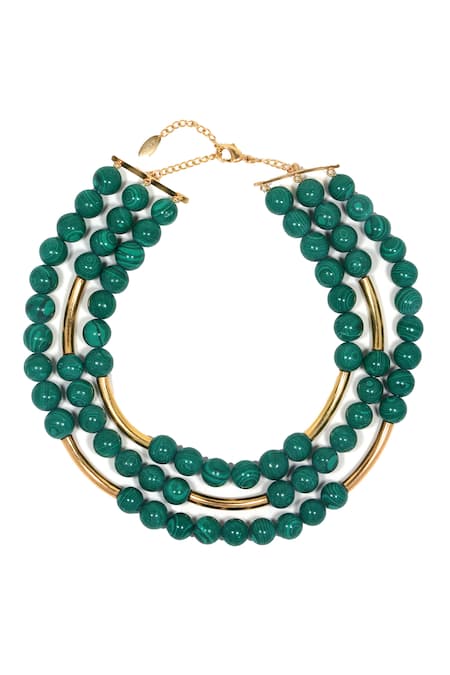 Shop Mnsh Gold Plated And Green Bead Layered Necklace at Aza Fashions Shop_Mnsh_Gold Plated And Green Bead Layered Necklace _at_Aza_Fashions