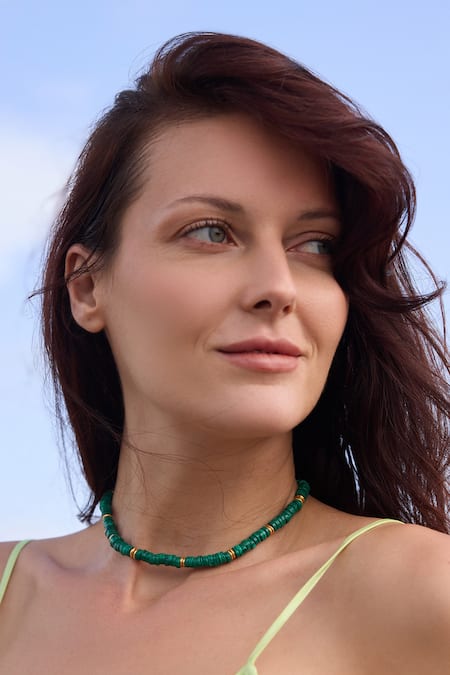Mnsh Green Gold Toned Bead Necklace 