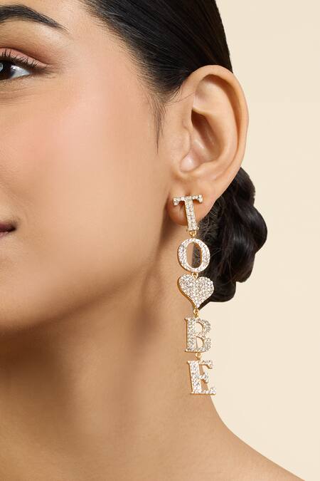 Shop_Mnsh_Gold Plated Rhinestones Bride To Be Dangler Earrings_Online_at_Aza_Fashions