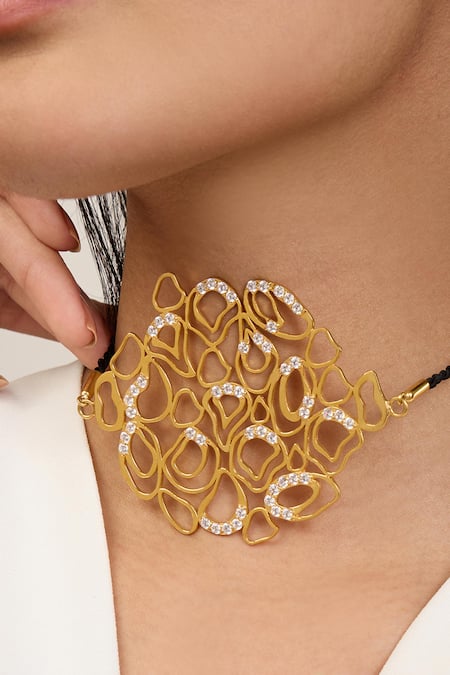 Mnsh_Gold Plated Cubic Zirconia Cutwork Pendant Necklace _Online_at_Aza_Fashions