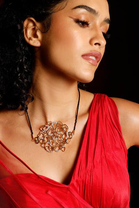 Shop_Mnsh_Gold Plated Cubic Zirconia Cutwork Pendant Necklace _Online_at_Aza_Fashions